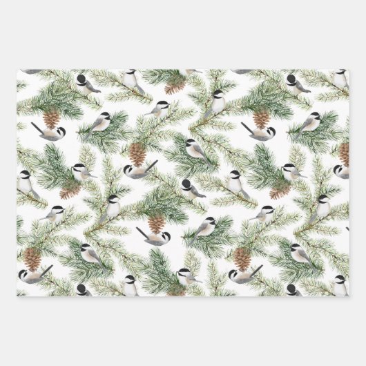 Cute Chickadees Waterverf Kerstmis Inpakpapier Vel (Voorkant)