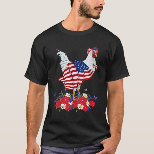 Cute Chicken Bow Tie American Flag Flowers Happy 4 T-shirt (Voorkant)