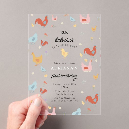Cute Chickens Hens and Chick Girl First Birthday Acryl Uitnodigingen (Insitu (Draagbaar))