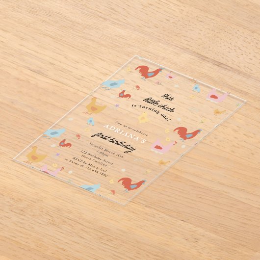 Cute Chickens Hens and Chick Girl First Birthday Acryl Uitnodigingen (Laagn)