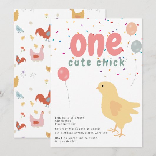 Cute Chickens Hens Chick Girl First 1st Birthday Kaart (Voorkant / Achterkant)