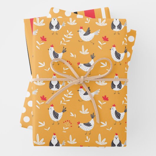 Cute Chickens Stripes Wrapping Paper Set van 3 (In situ)