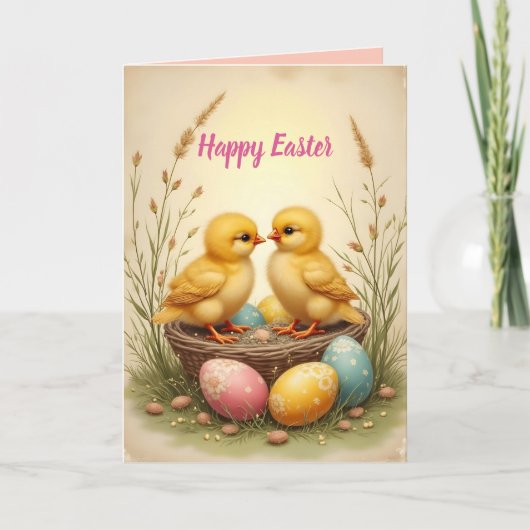 Cute chicks and colorful Easter eggs, nostalgic  Feestdagen Kaart (Voorkant)