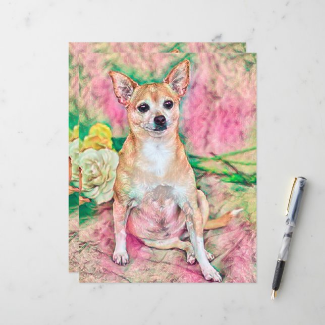 Cute Chihuahua Art Pink Green Dog Portret (Voorkant / Achterkant in situ)