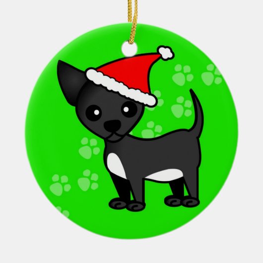 Cute Chihuahua Cartoon Santa Hat - Zwart Keramisch Ornament (Voorkant)