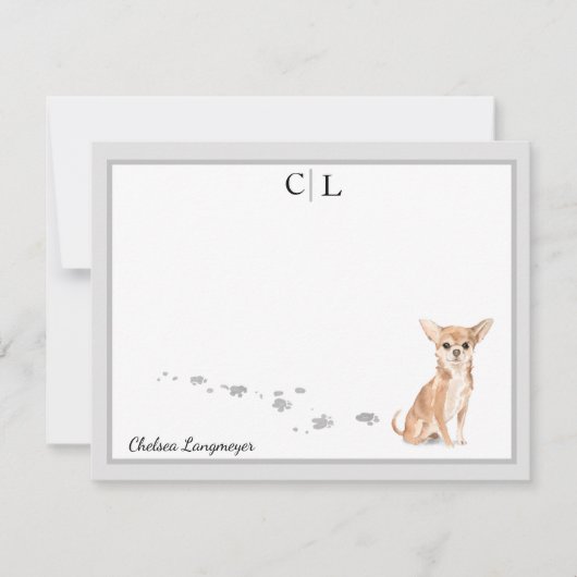 Cute Chihuahua Dog Gray Border Monogram Jouw naam Notitiekaartje (Voorkant)