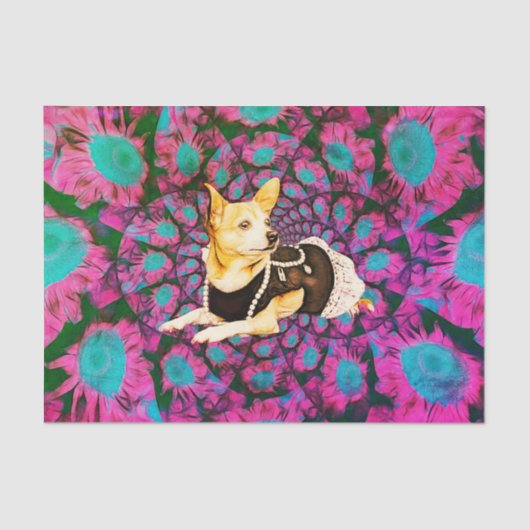 Cute Chihuahua Floral Pink Blauwgroen Boho Dog Art Tissuepapier (Voorkant)