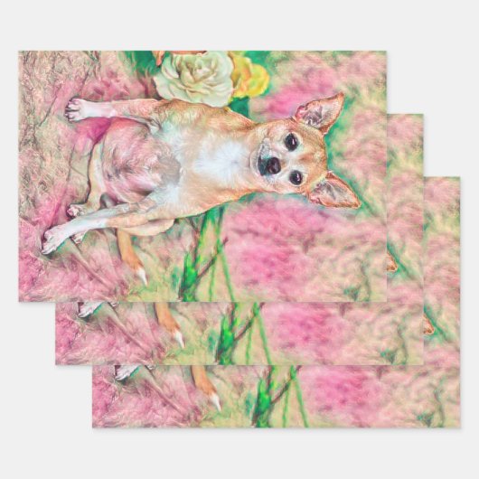 Cute Chihuahua Pink Green Art Dog Portret Inpakpapier Vel (Set)