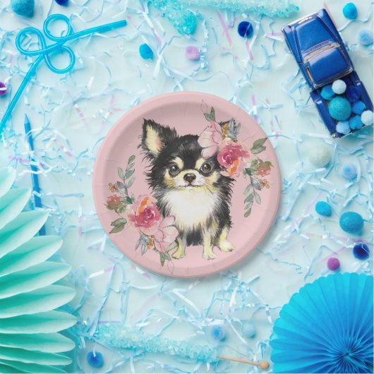 Cute Chihuahua Puppy and Flowers Waterverf Art Papieren Bordje (Feest)