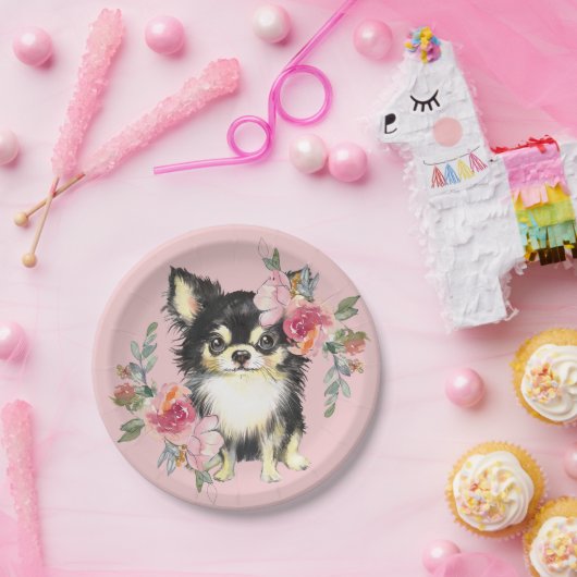 Cute Chihuahua Puppy and Flowers Waterverf Art Papieren Bordje (Feest)
