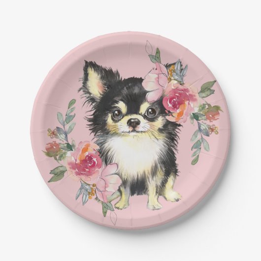 Cute Chihuahua Puppy and Flowers Waterverf Art Papieren Bordje (Voorkant)