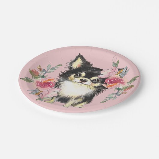 Cute Chihuahua Puppy and Flowers Waterverf Art Papieren Bordje (Gekanteld)