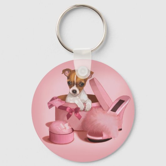 Cute Chihuahua Puppy in Hatbox Sleutelhanger (Voorkant)