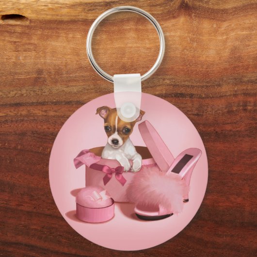 Cute Chihuahua Puppy in Hatbox Sleutelhanger (Voorkant)