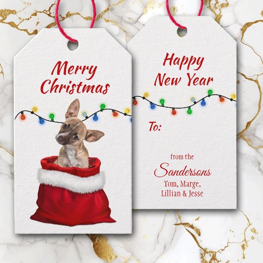 Cute Chihuahua Puppy in Santa Bag Gift Labels Cadeaulabel