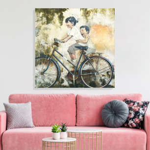 Cute Children lachen op de fiets Canvas Afdruk