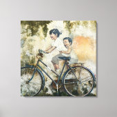 Cute Children lachen op de fiets Canvas Afdruk (Voorkant)