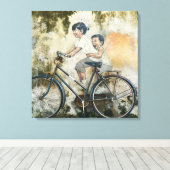 Cute Children lachen op de fiets Canvas Afdruk (Insitu (Houten vloer))