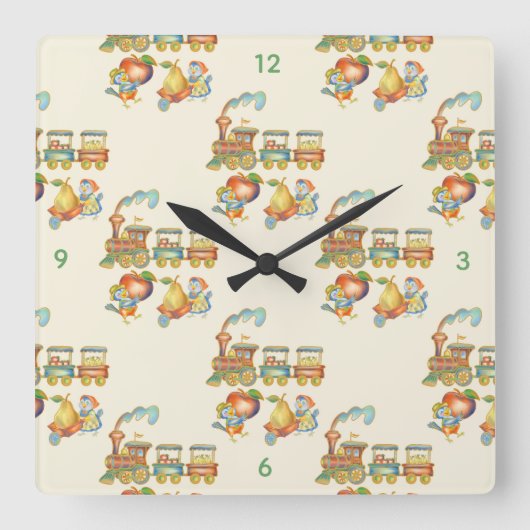 Cute Child's Bird Apple Train Clock Vierkante Klok (Voorkant)