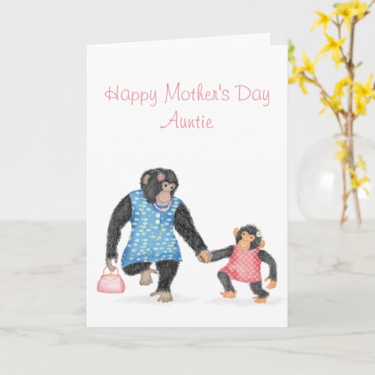 Cute chimp-Moederdag kaart voor tante (Gele Bloem)