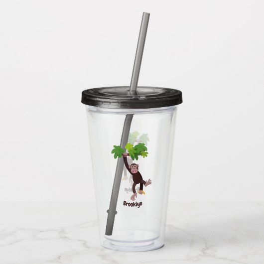 Cute chimpansee in oerwoud hangende cartoon acryl drinkbeker (Achterkant)