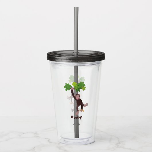 Cute chimpansee in oerwoud hangende cartoon acryl drinkbeker (Voorkant)