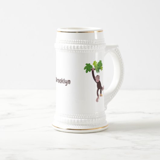 Cute chimpansee in oerwoud hangende cartoon bierpul (Voorkant rechts)