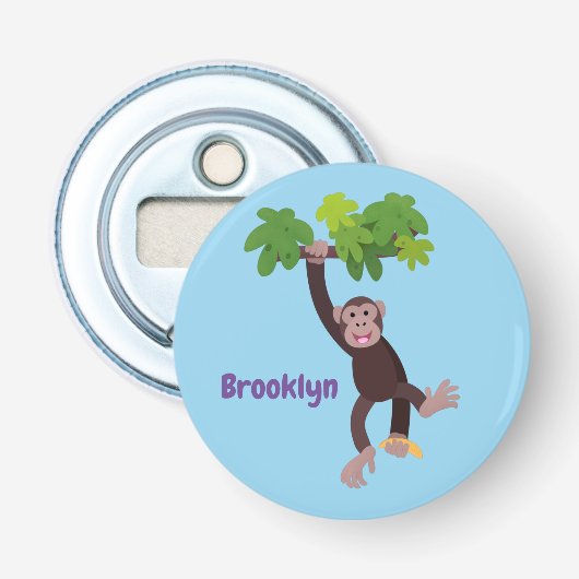 Cute chimpansee in oerwoud hangende cartoon button flesopener (Voorkant)
