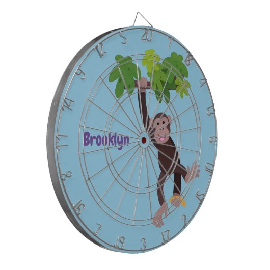 Cute chimpansee in oerwoud hangende cartoon dartbord (Voorkant Links)