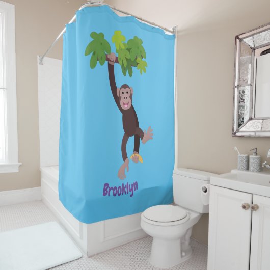Cute chimpansee in oerwoud hangende cartoon douchegordijn (In situ)