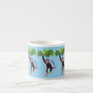 Cute chimpansee in oerwoud hangende cartoon espresso kop