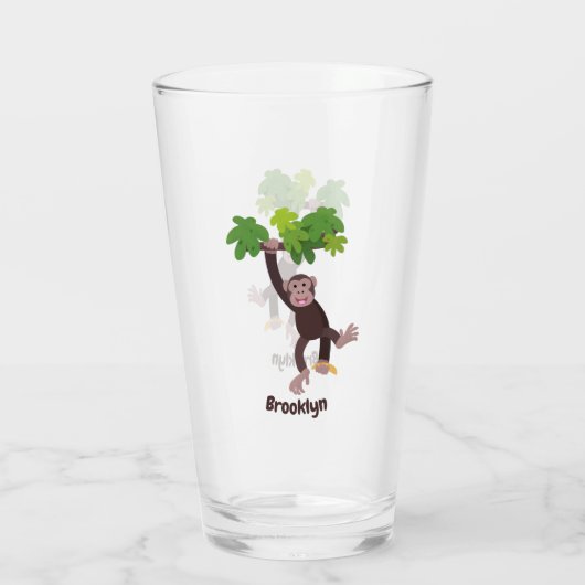 Cute chimpansee in oerwoud hangende cartoon glas (Achterkant)