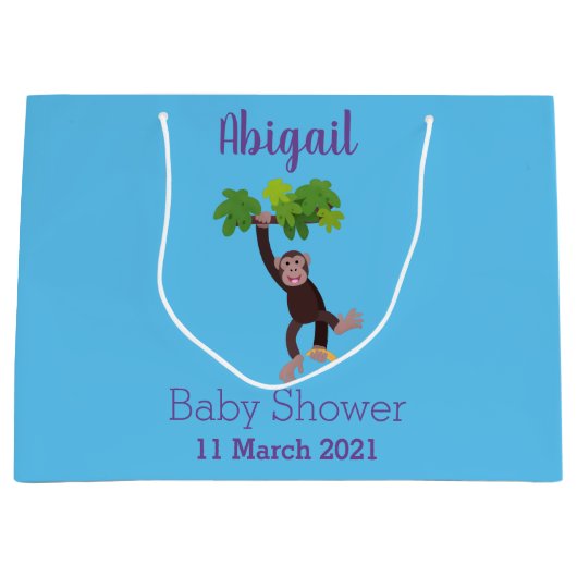 Cute chimpansee in oerwoud hangende cartoon groot cadeauzakje (Voorkant)
