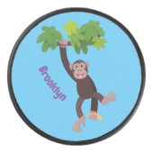 Cute chimpansee in oerwoud hangende cartoon hockey puck (Voorkant)