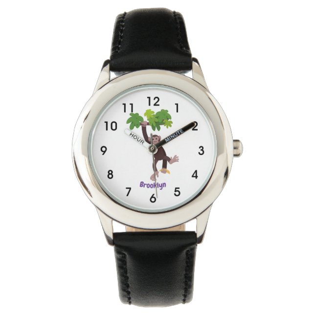 Cute chimpansee in oerwoud hangende cartoon horloge (Voorkant)