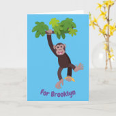 Cute chimpansee in oerwoud hangende cartoon kaart (Gele Bloem)