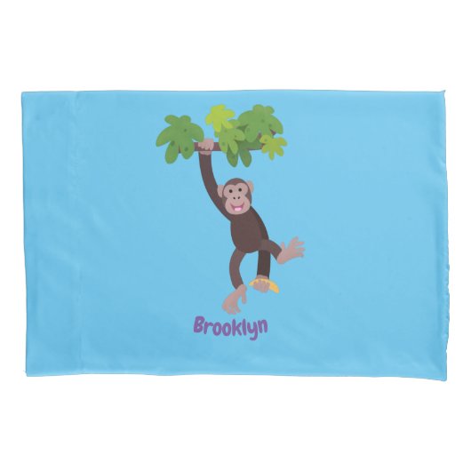 Cute chimpansee in oerwoud hangende cartoon kussensloop (Voorkant)
