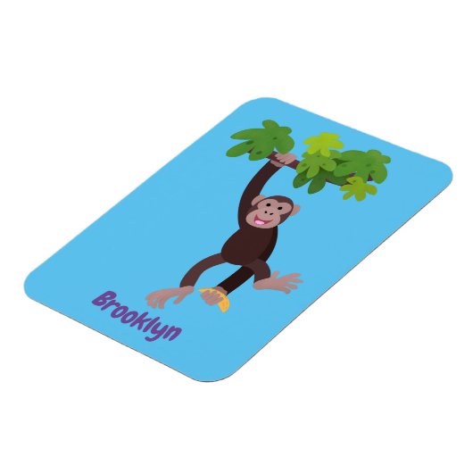 Cute chimpansee in oerwoud hangende cartoon magneet (Linkerzijde)