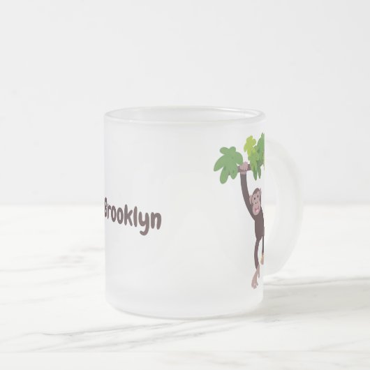 Cute chimpansee in oerwoud hangende cartoon matglas koffiemok (Voorkant rechts)