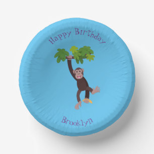 Cute chimpansee in oerwoud hangende cartoon papieren kommen