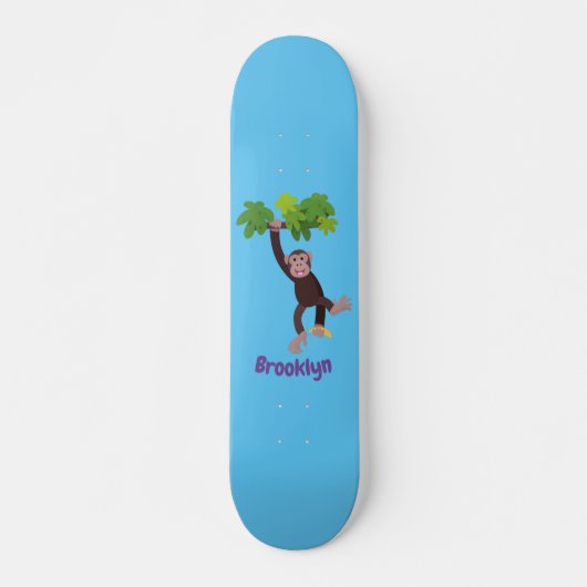 Cute chimpansee in oerwoud hangende cartoon persoonlijk skateboard (Voorkant)