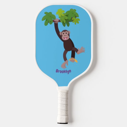 Cute chimpansee in oerwoud hangende cartoon pickleball paddle (Achterkant)
