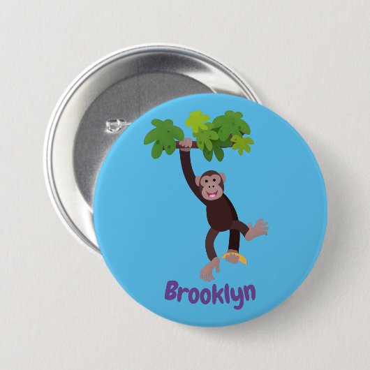 Cute chimpansee in oerwoud hangende cartoon ronde button 7,6 cm (Voorkant /achterkant)