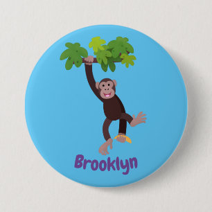 Cute chimpansee in oerwoud hangende cartoon ronde button 7,6 cm