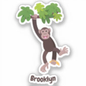Cute chimpansee in oerwoud hangende cartoon sticker (Voorkant)