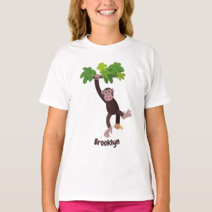 Cute chimpansee in oerwoud hangende cartoon t-shirt