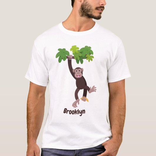 Cute chimpansee in oerwoud hangende cartoon t-shirt (Voorkant)