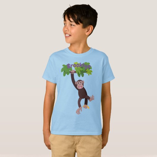 Cute chimpansee in oerwoud hangende cartoon t-shirt (Voorkant volledig)