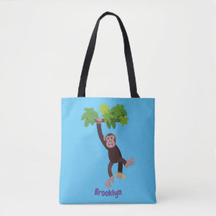 Cute chimpansee in oerwoud hangende cartoon tote bag