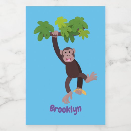 Cute chimpansee in oerwoud hangende cartoon voedselcontainer etiket (Enkel label)